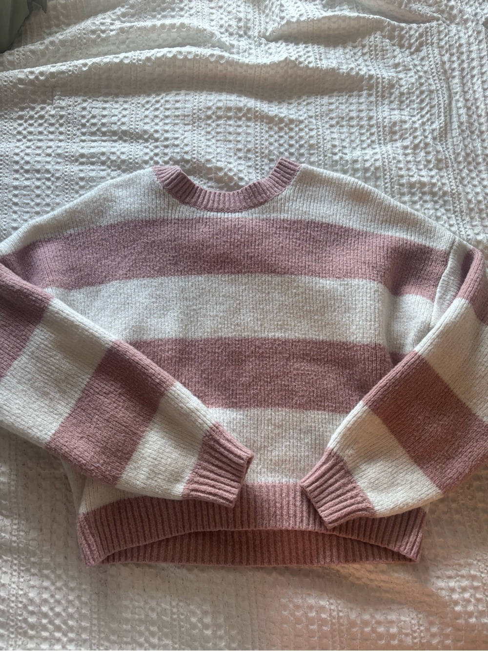 Hollister Pink and Cream Striped Crewneck Sweater